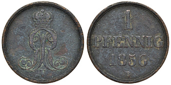 Ганновер 1 пфенниг 1856 B, Георг V KM 221, AKS 155, J. 83 медь 4594-449
