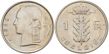 БЕЛЬГИЯ 1 ФРАНК 1980 BELGIE, БОДУЭН I (1951-1993) KM 143.1 медно-никель 202-1122