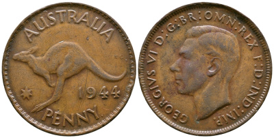 АВСТРАЛИЯ 1 ПЕННИ 1944 p, ГЕОРГ VI (1936-1952), КЕНГУРУ KM 36 бронза 4379-141