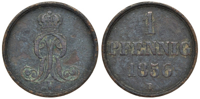 Ганновер 1 пфенниг 1856 B, Георг V KM 221, AKS 155, J. 83 медь 4594-449