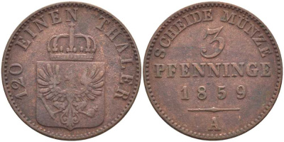 ПРУССИЯ 3 ПФЕННИГА 1859 А, ФРИДРИХ ВИЛЬГЕЛЬМ (1840-1861) KM 453 медь 117-1051