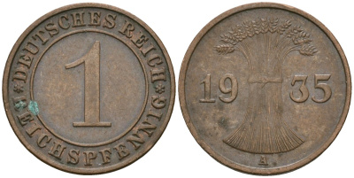 Германия 1 рейхспфенниг 1935 A KM 37, J. 313 бронза 4528-416