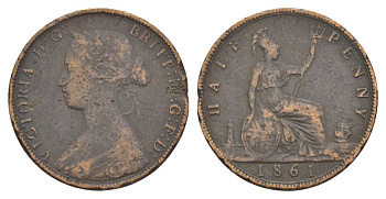 Великобритания 1/2 пенни 1861 Виктория (1837-1901) KM 748.2, Spink 3956 бронза 51-2811