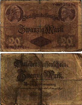 ГЕРМАНИЯ 20 МАРОК 1914 5 АВГУСТА 1914, ШЕСТЬ ЦИФР В НОМЕРЕ Pick 48а бумага 7191-53-1-2