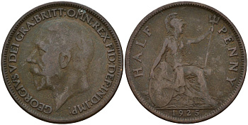 Великобритания 1/2 пенни 1925 Георг V (1910-1936) KM 809, Spink 4056 бронза 4150-723