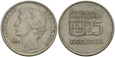 Португалия 25 эскудо 1980 первый год KM 607a медно-никель 4120-1024