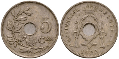 Бельгия 5 сантимов 1922 Король Альберт I (1910 - 1934) KM 67 медно-никель 4549-158