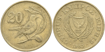 Кипр 20 центов 1983 птичка KM 57.1 никель латунь 4140-715