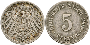 Германия 5 пфеннигов 1908 A KM 11, Jager 12, Weege 6 медно-никель 4364-4541