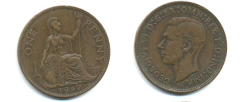 Великобритания 1 пенни 1947 Георг VI (1936-1952) KM 845, Spink 4114 бронза 89-234