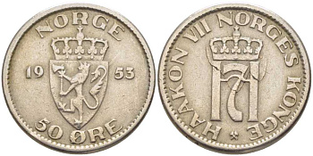 Норвегия 50 эре 1953 Хокон VII (1905-1957) KM 402 медно-никель 119-933