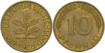 ФРГ 10 пфеннигов 1988 G KM 108, J. 383 сталь плакированная латунью 4189-849