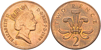 Великобритания 2 пенса 1988 Елизавета II (1952-2022) KM 936, Spink 4376 (C3) бронза 4593-842