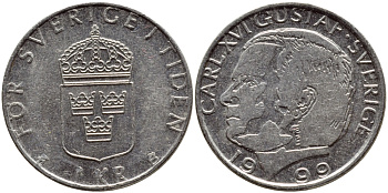 Швеция 1 крона 1999 Карл XVI Густав (1973- ) KM 852a медно-никель 4610-633