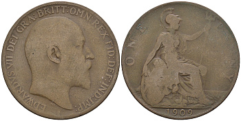 Великобритания 1 пенни 1909 Эдуард VII (1901-1910) KM 794.2, Spink 3990 бронза 4607-1021