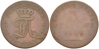 Ольденбург для Биркенфельда 3 пфеннига 1848 KM 8, AKS 22, Jaeger 59 медь 175-1222