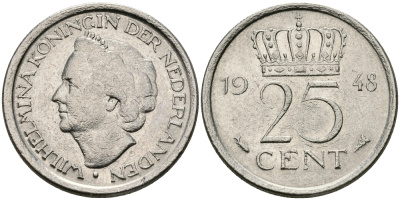 НИДЕРЛАНДЫ 25 ЦЕНТОВ 1948 ВИЛЬГЕЛЬМИНА KM 178 никель 176-852