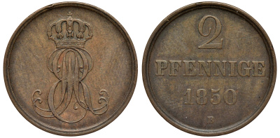 Ганновер 2 пфеннига 1850 B, Эрнст Август (1837-1851) KM 202.1, AKS 124, J. 75 медь 75-1943
