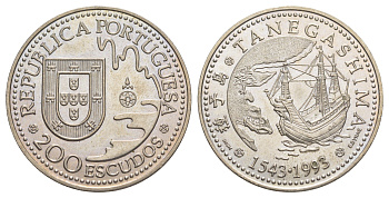 Португалия 200 эскудо 1993 450 лет с момента первой высадки в Японии на острове Танегасима KM 665 медно-никель UNC 4677-114