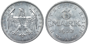 Германия 3 марки 1922 A, третья годовщина Веймарской Конституции KM 29, J. 303 алюминий 4123-135