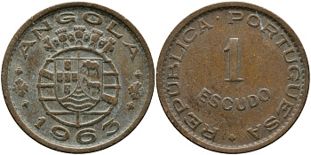 Португальская Ангола 1 эскудо 1963 KM 76 бронза 33-935