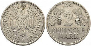 ФРГ 2 марки 1951 G J 386, KM 111 медно-никель плакированный никелем 4127-314