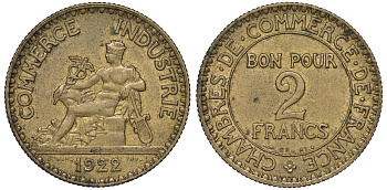 Франция 2 франка 1922 тип Chambres de Commerce KM 877, LE FRANC 267.4 алюминиевая бронза 3334-816