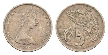 Новая Зеландия 5 центов 1969 Елизавета II (1952-2022), ящерица гаттерия KM 34.1 медно-никель 4178-323