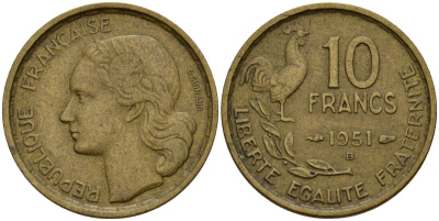 Франция 10 франков 1951 B, петух KM 915.2, Le Franc 363.5 алюминиевая бронза 4159-922