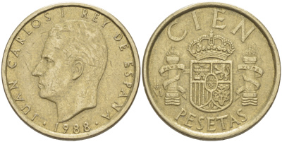 Испания 100 песет 1988 Хуан Карлос I (1975-2014) KM 826 алюминиевая бронза 4185-1012