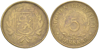Финляндия 5 марок 1946 S KM 31a латунь 4613-1117