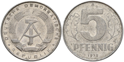 ГДР 5 пфеннигов 1975 A KM 9.1 алюминий 218-864