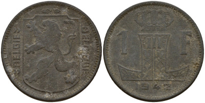 Бельгия 1 франк 1942 Belgique - Belgie, Леопольд III (1934-1947), германская оккупация, Вторая мировая война KM 127 цинк 4161-451