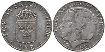 Швеция 1 крона 1982 Карл XVI Густав (1973- ) KM 852a медно-никель 4397-1043
