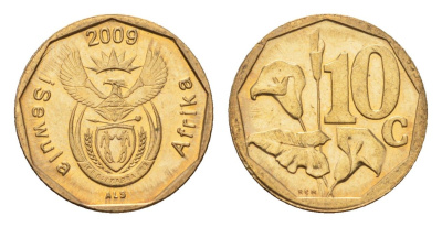ЮАР 10 центов 2009 герб, цветок алоэ, год-тип KM 465 сталь плакированная бронзой UNC 4687-457