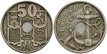 Испания 50 сентимо 1949 (56) Франко (1939-1975), морская атрибутика KM 777 медно-никель 4604-533