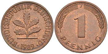 ФРГ 1 ПФЕННИГ 1989 J КМ 105, J. 380 сталь плакированная медью 4567-542