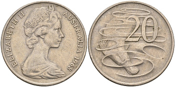 Австралия 20 центов 1968 Елизавета II (1952-2022), утконос KM 66 медно-никель 4131-844