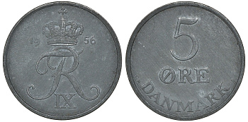 Дания 5 эре 1956 C; S, Фредерик IX KM 843.1 цинк 4162-125