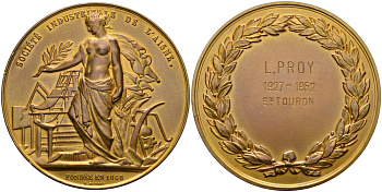 Франция медаль 1952 награждается L. PROY (1927-1952), Индустриальное Общество департамента Эна, основанное в 1868 году, диаметр 58 мм., позолота, медальер А. BORREL бронза 1072-2-21