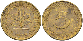 ФРГ 5 пфеннигов 1973 G KM 107, J. 382 сталь плакированная латунью 4514-821