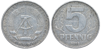 ГДР 5 ПФЕННИГОВ 1975 A KM 9.1 алюминий 62-256