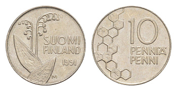 Финляндия 10 пенни 1991 KM 65 медно-никель 4647-352