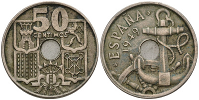 Испания 50 сентимо 1949 (56) Франко (1939-1975), морская атрибутика KM 777 медно-никель 4604-533