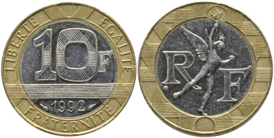 Франция 10 франков 1992 тип гений Бастилии KM 964.1, Le Frank 375.8 биметалл 65-1035