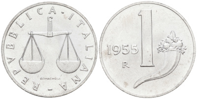 Италия 1 лира 1955 R, весы KM 91 алюминий  UNC  4594-631