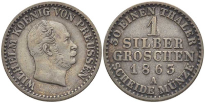 ПРУССИЯ 1 ГРОШ 1863 А, ВИЛЬГЕЛЬМ I (1861-1888) KM 485 серебро 201-638