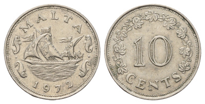 Мальта 10 центов 1972 баржа Великого магистра KM 11 медно-никель 4678-955