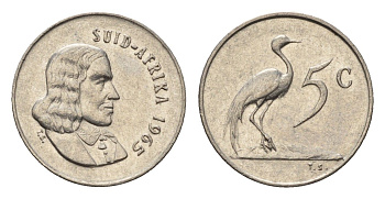 ЮАР 5 центов 1965 Ян ван Рибек (1619-1677), Suid Africa, легенда на африкаанс, райский журавль KM 67.2 медно-никель 4694-419