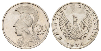 Греция 20 драхм 1973 год-тип KM 112 медно-никель UNC 4670-343